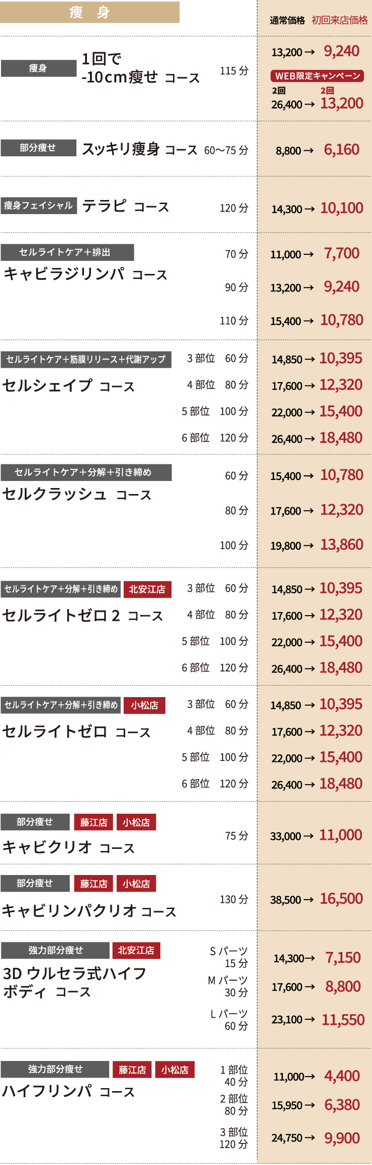 ご新規様料金表 金沢市 小松市のエステサロン テラピ