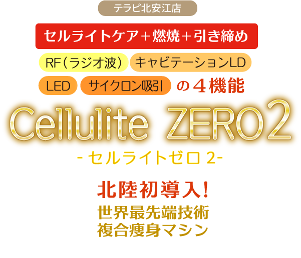 テラピ北安江店　セルライトケア+燃焼+引き締め　RF（ラジオ波）＋キャビテーションLD＋LED＋サイクロン吸引の４機能 Cellulite ZERO2　-セルライトゼロ2-　世界最先端技術複合痩身マシン